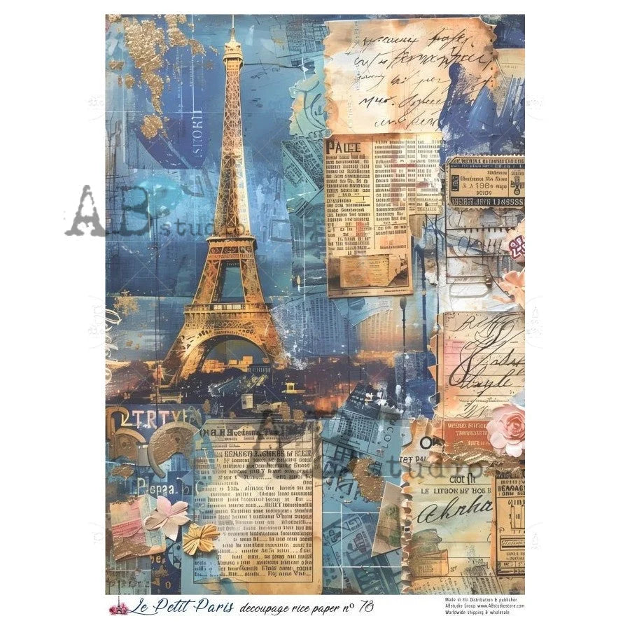 AB Studios Blue Parisian Collage A4 Rice Paper
