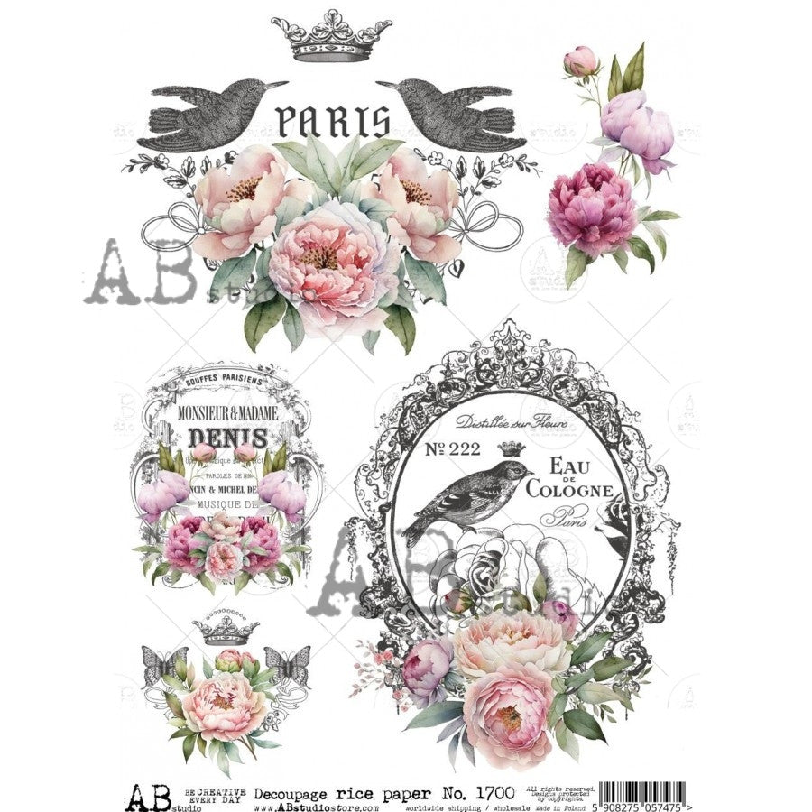 AB Studios Parisian Bird Framed Florals A4 Rice Paper