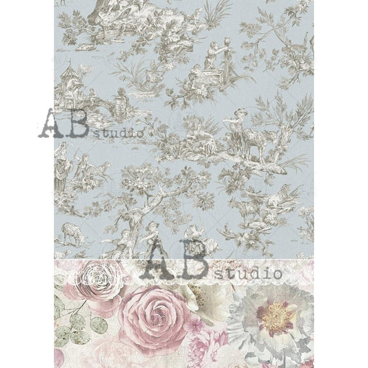 AB Studios Light Blue Toile with Roses A4 Rice Paper