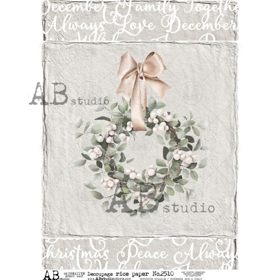 AB Studios Farmhouse Christmas Wreath A4 Rice Paper
