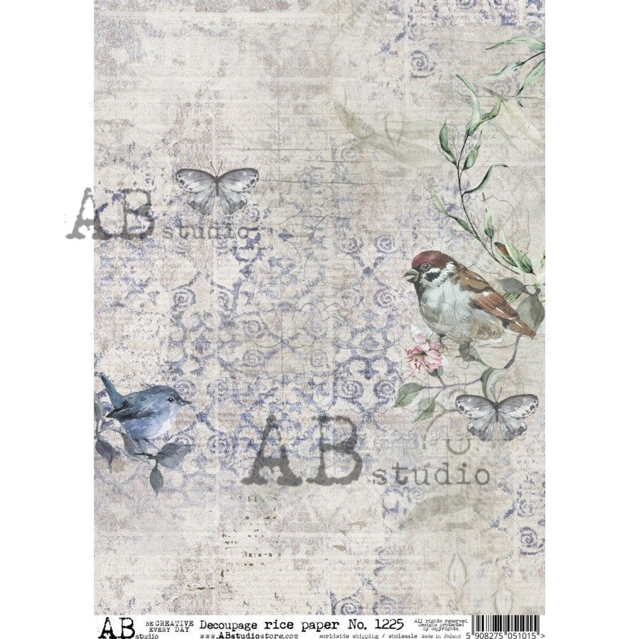AB Studios Birds and Butterfly Grunge A4 Rice Paper