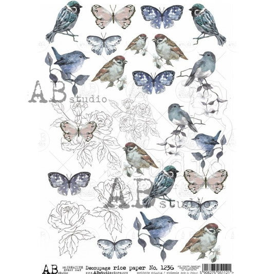 AB Studios Birds and Butterfly Spring A4 Rice paper