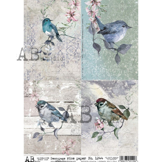 AB Studios 4 Pack Watercolor Blue Birds A4 Rice Paper