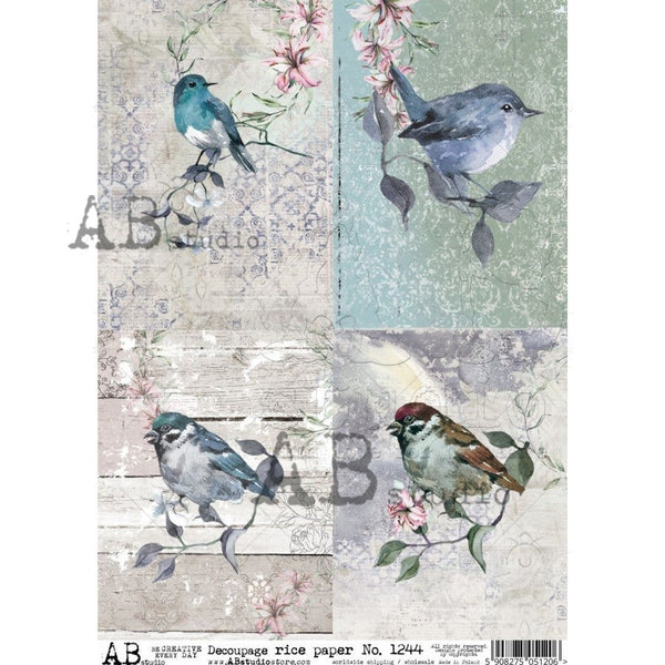 AB Studios 4 Pack Watercolor Blue Birds A4 Rice Paper